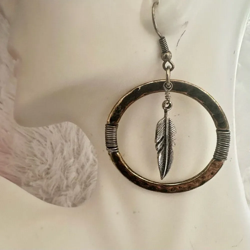 Silver/Gold tone feather circle earrings